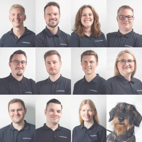 collage des Orgavision Teams mit Hund