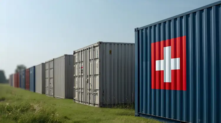 Seecontainer auf einer Wiese; einer mit einer Schweizer Flagge