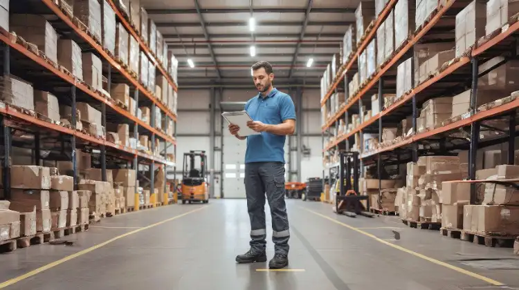 Mann im Lager hat ein Klemmbrett in der Hand.